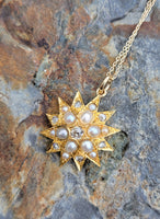 14k gold Victorian mine & rose cut diamond & pearl starburst necklace pendant lavaliere