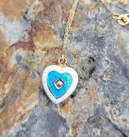 10k gold puffed heart enamel & seed pearl necklace pendant