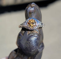 14k white gold topaz & diamond c.1920's filigree vintage ring