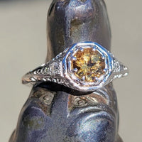 14k white gold topaz & diamond c.1920's filigree vintage ring