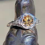 14k white gold topaz & diamond c.1920's filigree vintage ring