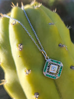 14k white gold Art Deco c.1920's filigree emerald & diamond necklace pendant