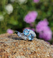 14k white gold Retro Aquamarine & Diamond estate Ring
