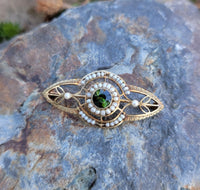 14k gold Victorian pearl & green tourmaline pin brooch