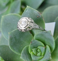18k white gold c.1920's Deco Filigree European cut diamond antique Ring