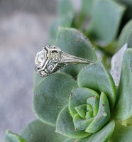 18k white gold c.1920's Deco Filigree European cut diamond antique Ring