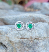 14k gold white gold Emerald & diamond DECO style studs halo earrings NEW