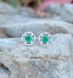 14k gold white gold Emerald & diamond DECO style studs halo earrings NEW