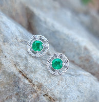 14k gold white gold Emerald & diamond DECO style studs halo earrings NEW