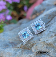 14k gold white gold Aquamarine & diamond DECO style square studs halo earrings NEW
