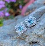 14k gold white gold Aquamarine & diamond DECO style square studs halo earrings NEW