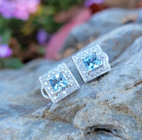 14k gold white gold Aquamarine & diamond DECO style square studs halo earrings NEW