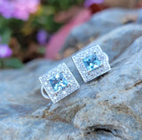 14k gold white gold Aquamarine & diamond DECO style square studs halo earrings NEW