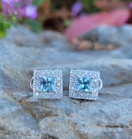 14k gold white gold Aquamarine & diamond DECO style square studs halo earrings NEW