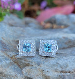 14k gold white gold Aquamarine & diamond DECO style square studs halo earrings NEW
