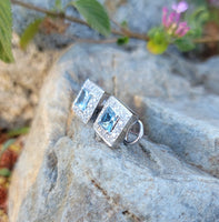 14k gold white gold Aquamarine & diamond DECO style square studs halo earrings NEW