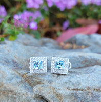 14k gold white gold Aquamarine & diamond DECO style square studs halo earrings NEW