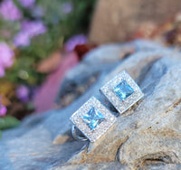 14k gold white gold Aquamarine & diamond DECO style square studs halo earrings NEW
