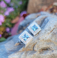14k gold white gold Aquamarine & diamond DECO style square studs halo earrings NEW