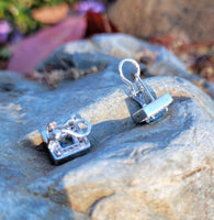 14k gold white gold Aquamarine & diamond DECO style square studs halo earrings NEW