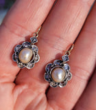 Early VICTORIAN 14k gold & Silver topped rose cut diamond & natural pearl earrings