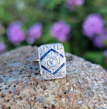 platinum & 18k gold two tone Deco estate Sapphire & Diamond Ring