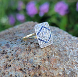 platinum & 18k gold two tone Deco estate Sapphire & Diamond Ring