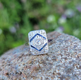 platinum & 18k gold two tone Deco estate Sapphire & Diamond Ring