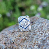 platinum & 18k gold two tone Deco estate Sapphire & Diamond Ring