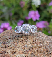 platinum c.1920's filigree c.1920's estate three 3 stone ring - rose cut white sapphires
