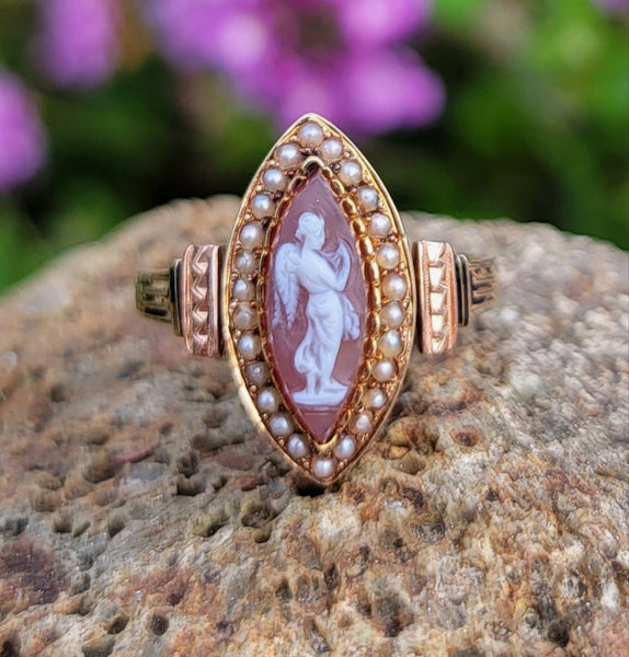 14k gold Victorian carved cameo angel & seed pearl estate navette ring