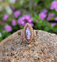 14k gold Victorian carved cameo angel & seed pearl estate navette ring
