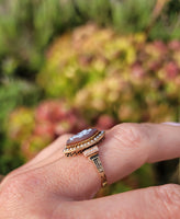 14k gold Victorian carved cameo angel & seed pearl estate navette ring