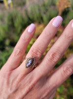 14k gold Victorian carved cameo angel & seed pearl estate navette ring
