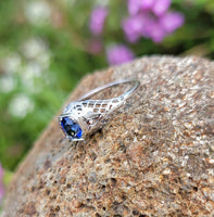14k white gold blue sapphire filigree vintage c.1920's - 1930's ring