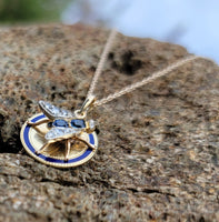 10-14k gold Victorian sapphire & diamond FLY necklace pendant lavaliere