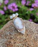 10k gold Victorian carved shell cameo & old cut diamond estate ring - apx 1.75ct tw