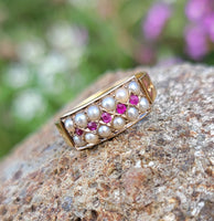 15ct gold Victorian pearl & ruby ring band with hallmarks