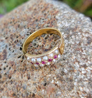 15ct gold Victorian pearl & ruby ring band with hallmarks