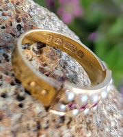 15ct gold Victorian pearl & ruby ring band with hallmarks