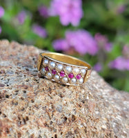 15ct gold Victorian pearl & ruby ring band with hallmarks