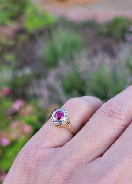 14k gold two tone vintage Deco Ruby filigree ring Rambling Rose