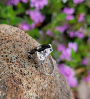 14k white gold filigree c.20's Deco Black Onyx & Diamond Ring