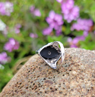 14k white gold filigree c.20's Deco Black Onyx & Diamond Ring