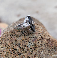 14k white gold filigree c.20's Deco Black Onyx & Diamond Ring
