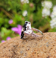14k white gold filigree c.20's Deco Black Onyx & Diamond Ring
