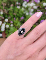 14k white gold filigree c.20's Deco Black Onyx & Diamond Ring