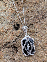 14k white gold filigree Deco Black Onyx & Diamond pendant necklace