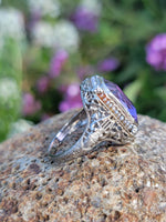 14k white gold c.1920's filigree Deco amethyst & seed pearl ring