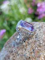 14k white gold c.1920's filigree Deco amethyst & seed pearl ring